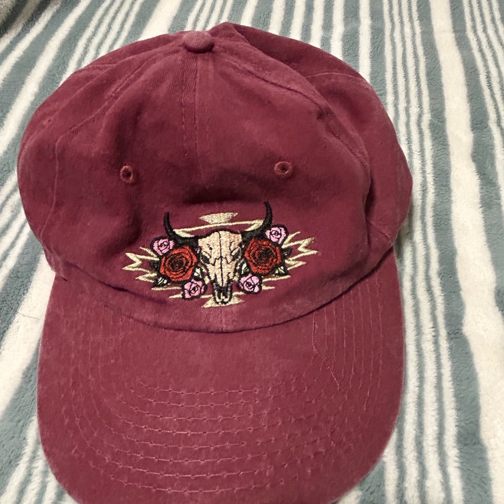 Embroidered Burgundy Hat with Skull and Roses